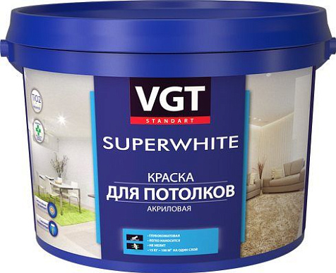 Краска акриловая VGT, для потолков, супербелая, 3 кг купить в СОМ
